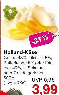 Holland-Käse – Gouda 48%, Tilsiter 45%, Butterkäse 45% oder Edamer 40%, 500g