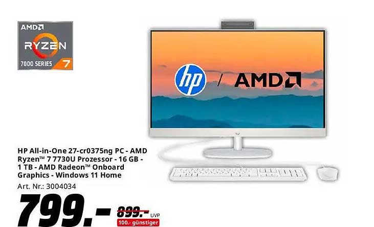 HP All-in-One 27-cr0375ng PC - AMD Ryzen™ 7 7730U Prozessor - 16 GB - 1 TB - AMD Radeon™ Onboard Graphics - Windows 11 Home