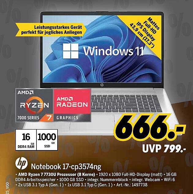 HP Notebook 17-cp3574ng mit AMD Ryzen 7 für nur 666,- €