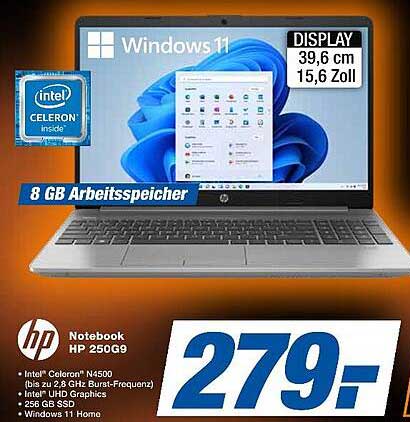 HP Notebook 250 G9 mit Intel Celeron N5000 und Windows 11