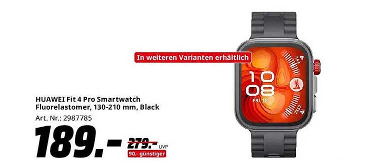 HUAWEI Fit 4 Pro Smartwatch Fluorelastomer, 130-210 mm, Black