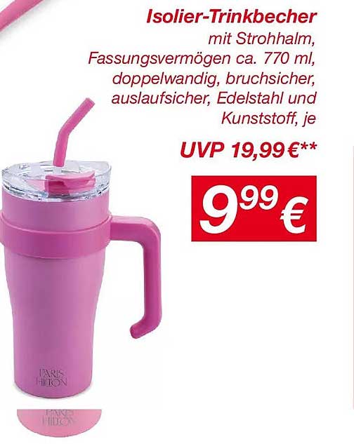 Isolier-Trinkbecher mit Strohalm, Fassungsvermögen ca. 770 ml, doppelwandig