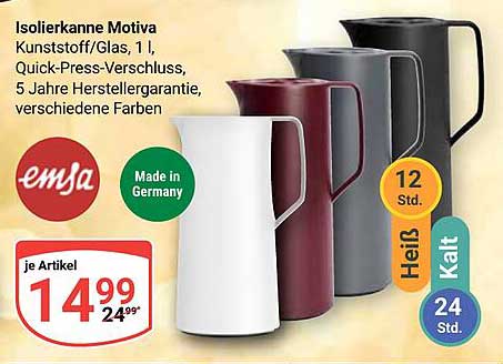 Isolierkanne Motiva - Kunstoff/Glas, 1 l, Quick-Press-Verschluss, 5 Jahre Herstellergarantie
