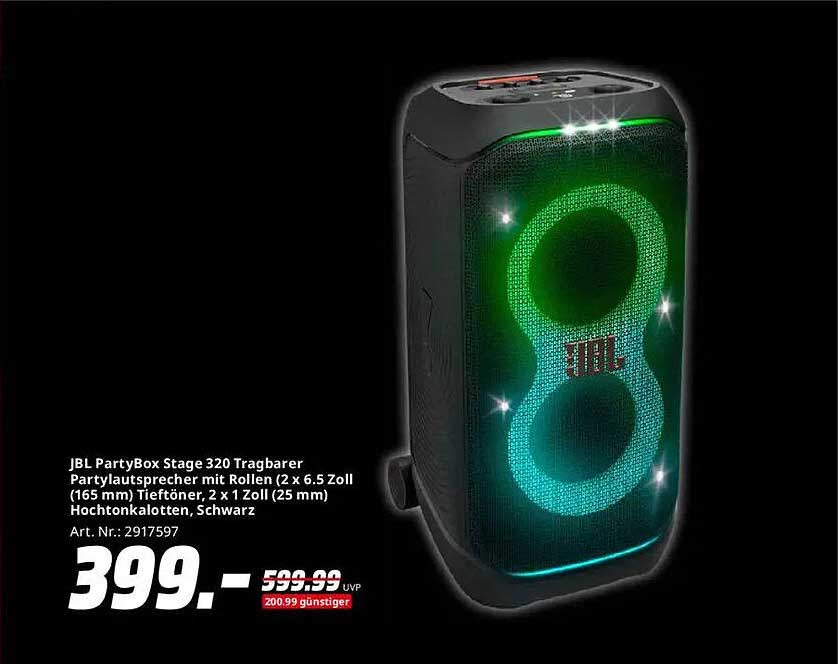 JBL PartyBox Stage 320 Tragbarer Partylautsprecher mit Rollen