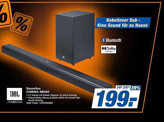 JBL Soundbar CINEMA SB580 mit kabellosem Subwoofer - Kino Sound für zu Hause