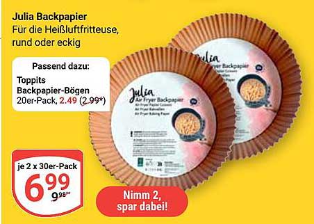 Julia Backpapier für die Heißluftfritteuse, rund oder eckig