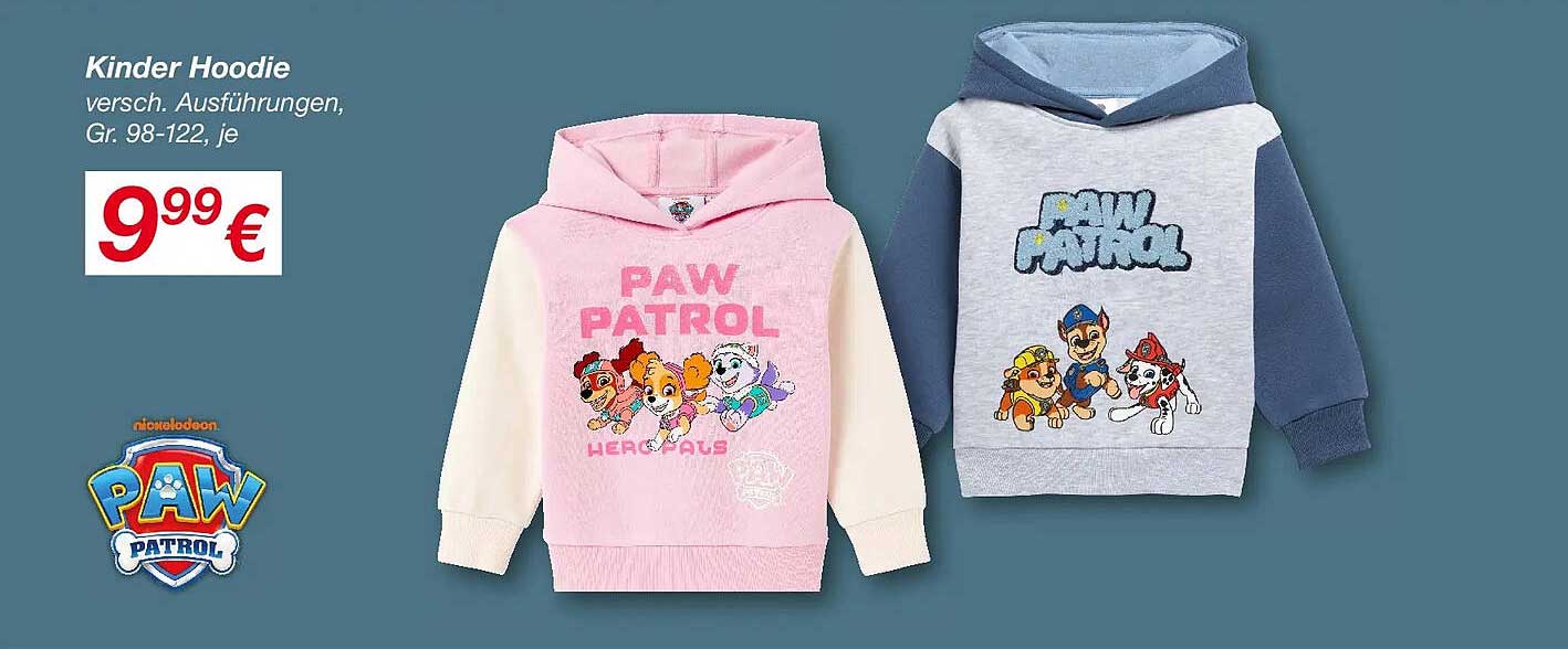 Kinder Hoodie Paw Patrol, verschiedene Ausführungen, Größe 98-122, je