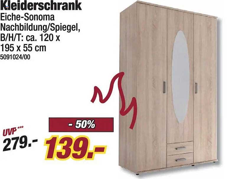 Kleiderschrank Eiche-Sonoma Nachbildung/Spiegel, B/H/T: ca. 120 x 195 x 55 cm