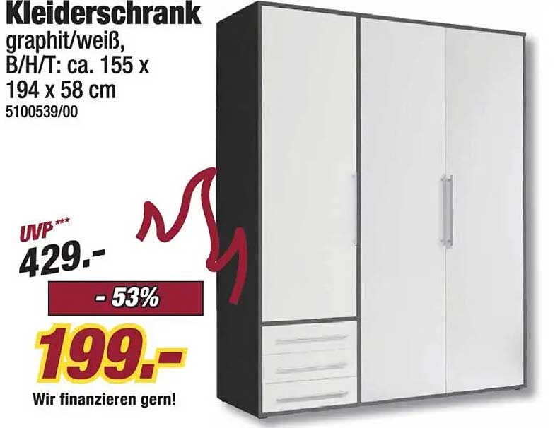 Kleiderschrank graphit/weiß, B/H/T: ca. 155 x 194 x 58 cm