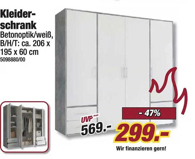 Kleiderschrank in Betonoptik/weiß, B/H/T: ca. 206 x 195 x 60 cm