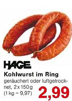 Kohlwurst im Ring, geräuchert oder luftgetrocknet, 2 x 150 g