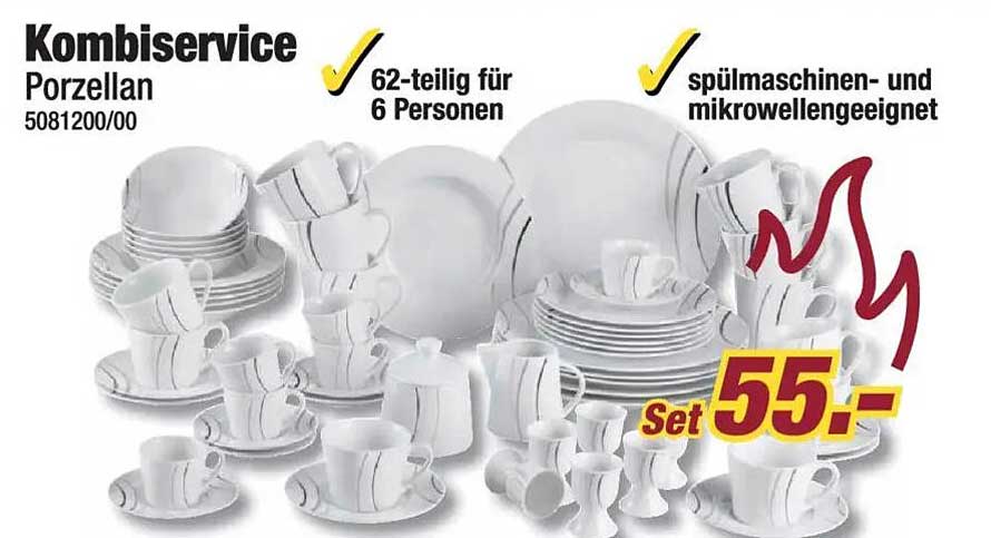 Kombiservice Porzellan 62-teilig für 6 Personen