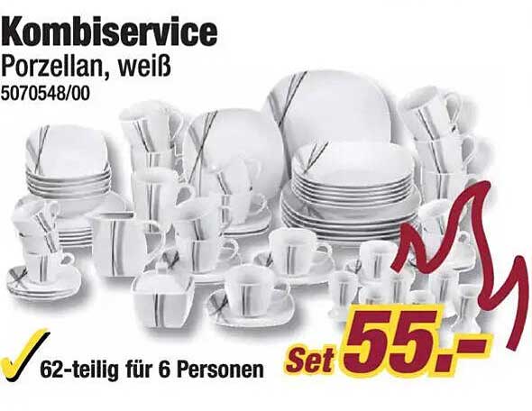 Kombiservice Porzellan, weiß 62-teilig für 6 Personen