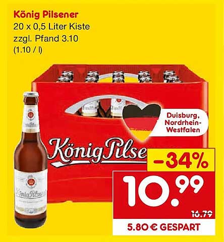 König Pilsener 20 x 0,5 Liter Kiste zzgl. Pfand 3,10 €