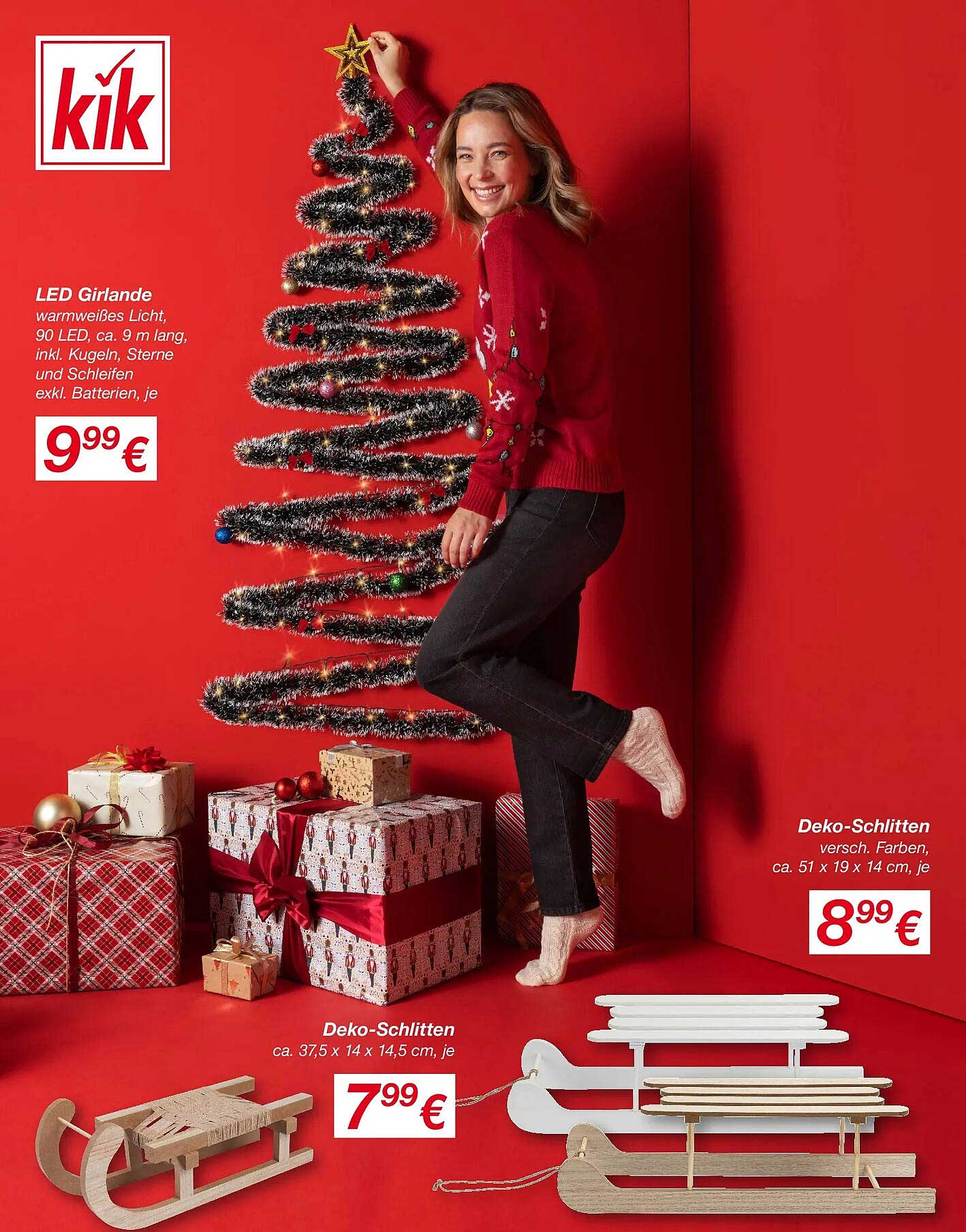 LED Girlande warmweißes Licht, 90 LED, ca. 9 m lang, inkl. Kugeln, Sterne und Schleifen