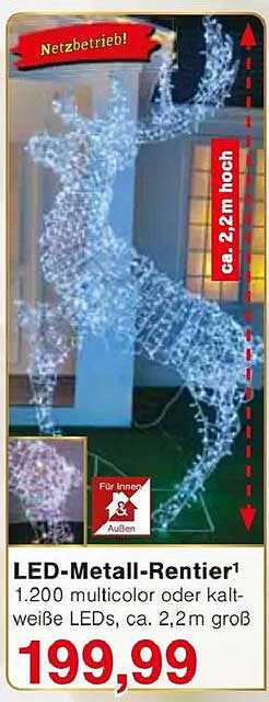 LED-Metall-Rentier mit 1.200 multicolor oder kalt-weißen LEDs, ca. 2,2 m hoch