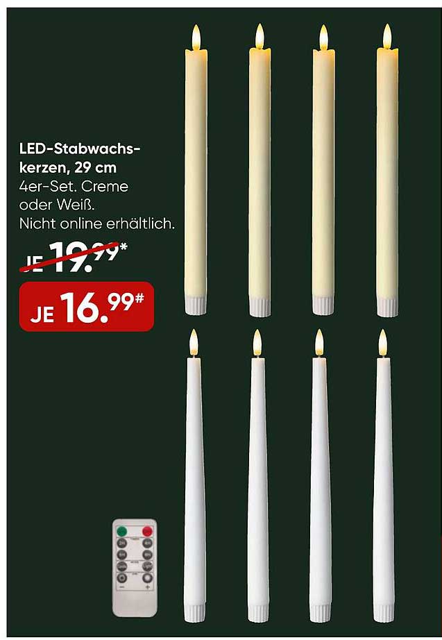 LED-Stabwachskerzen, 29 cm - 4er-Set in Creme oder Weiß