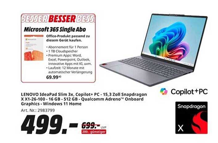 LENOVO IdeaPad Slim 3x, Copilot+ PC - 15,3 Zoll Snapdragon X