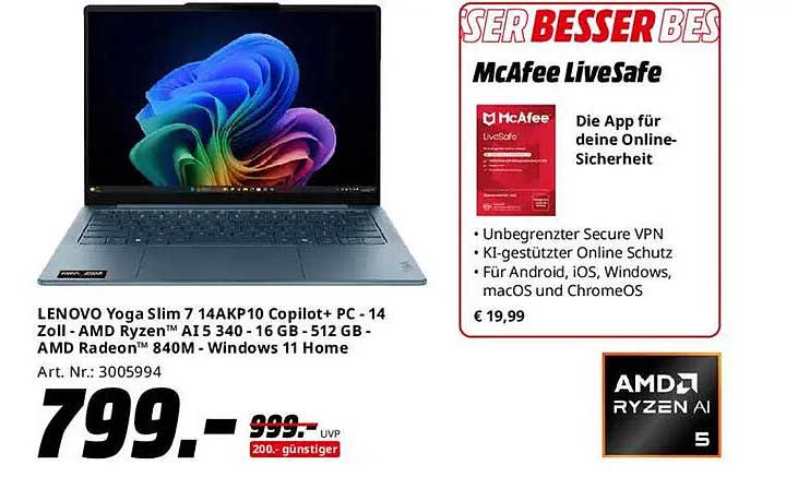 LENOVO Yoga Slim 7 14AKP10 Copilot+ PC - 14 Zoll - AMD Ryzen™ AI 5 340 - 16 GB - 512 GB - AMD Radeon™ 840M - Windows 11 Home