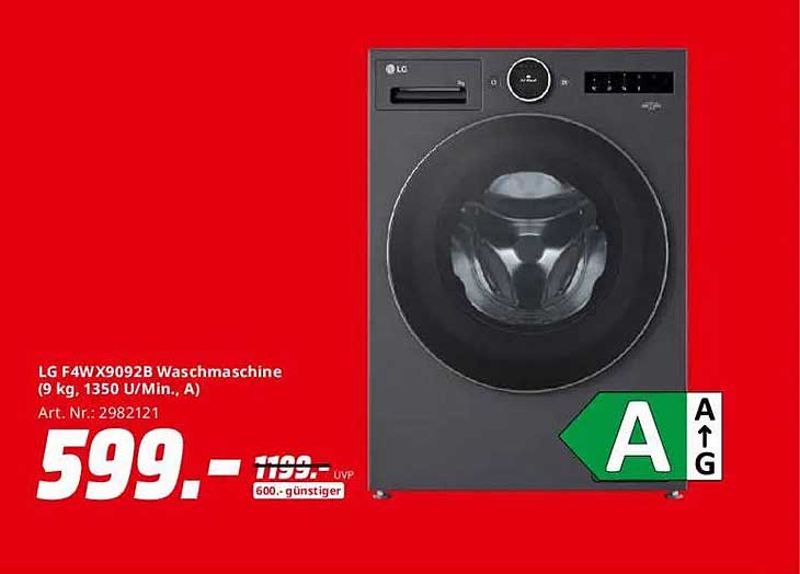 LG F4WX9092B Waschmaschine (9 kg, 1350 U/Min., A)