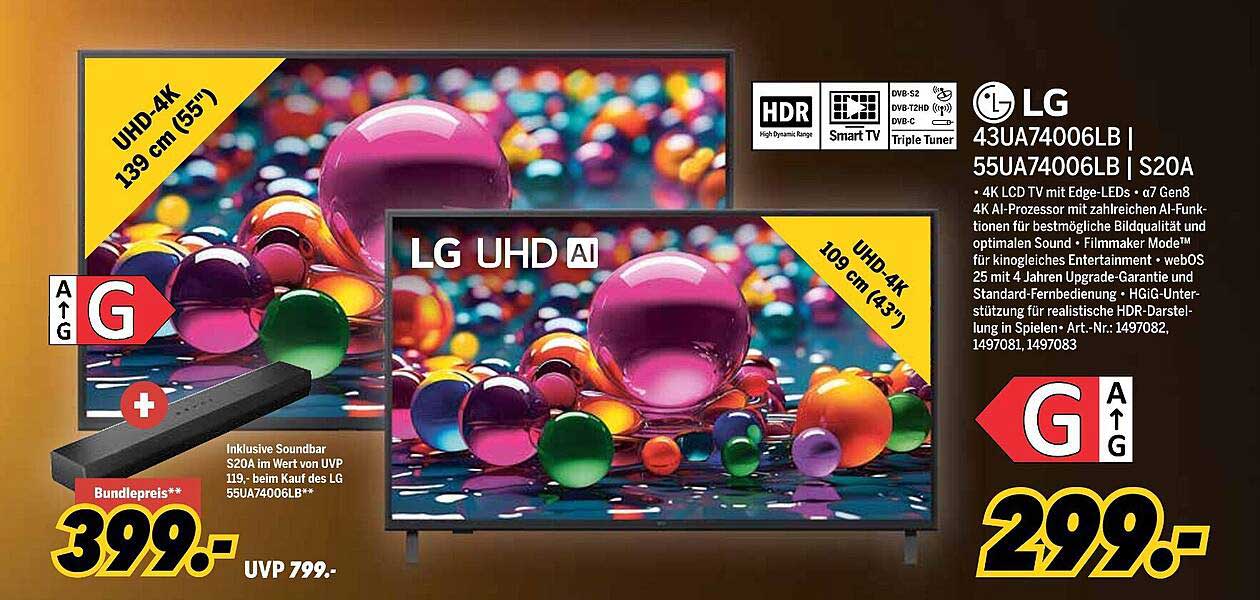 LG UHD 4K Fernseher 55UA74006LB mit Soundbar S20A