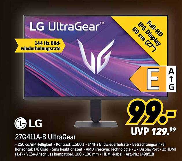 LG UltraGear 27G411A-B - Full-HD IPS Monitor mit 144 Hz Bildwiederholungsrate