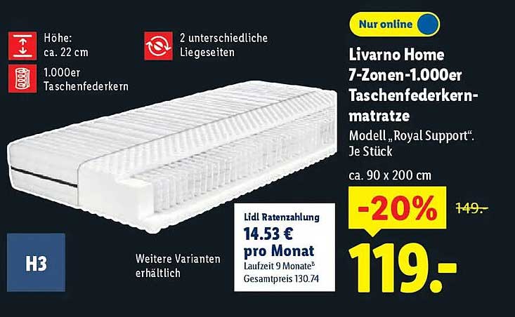 Livorno Home 7-Zonen-1.000er Taschenfederkernmatratze Modell „Royal Support“