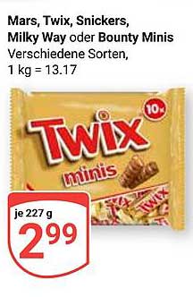 Mars, Twix, Snickers, Milky Way oder Bounty Minis, 227 g