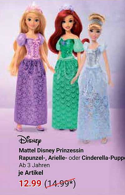 Mattel Disney Prinzessin Rapunzel-, Arielle- oder Cinderella-Puppe je Artikel