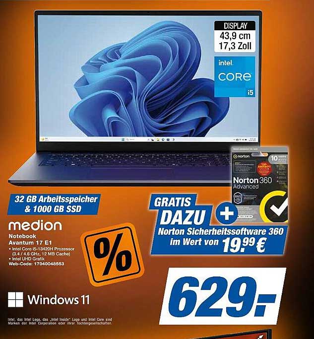 medion Notebook Akoya E17, 32 GB RAM, 1000 GB SSD, Intel Core i5, 17,3 Zoll Display