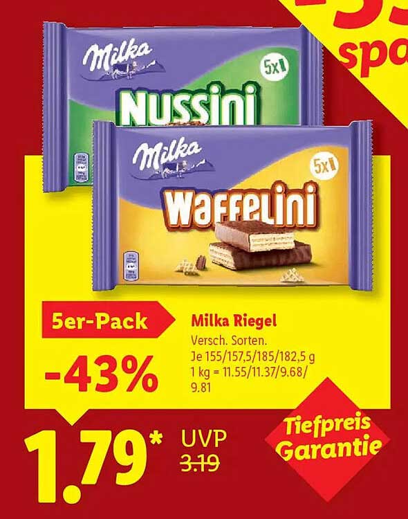 Milka Riegel 5er-Pack (Nussini und Waffelini)