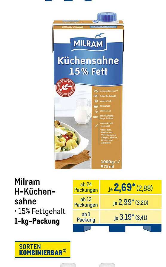 Milram H-Küchen-sahne 15% Fett 1-kg-Packung