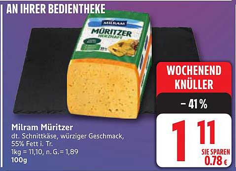 Milram Müritzer - dt. Schnittkäse, würziger Geschmack, 55% Fett i. Tr.