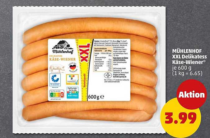 Mühlenhof XXL Delikatesse Käse-Wiener* je 600 g