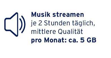 Musik streamen je 2 Stunden täglich, mittlere Qualität pro Monat: ca. 5 GB