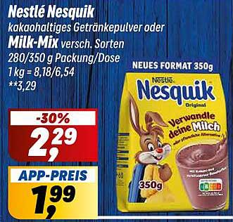 Nestlé Nesquik Kakaohaltiges Getränkepulver oder Milk-Mix - 30% Rabatt