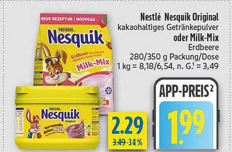Nestlé Nesquik Original kakaohaltiges Getränkepulver oder Milk-Mix Erdbeere 280/350 g