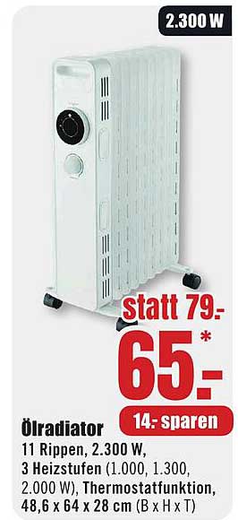 Ölradiator 2.300 W mit 11 Rippen und Thermostatfunktion