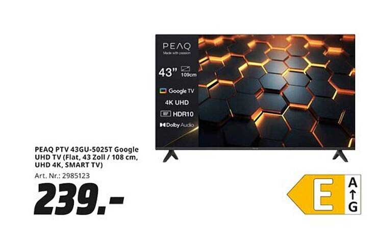 PEAQ PTV 43GU-502ST Google UHD TV (Flat, 43 Zoll / 108 cm, UHD 4K, SMART TV)