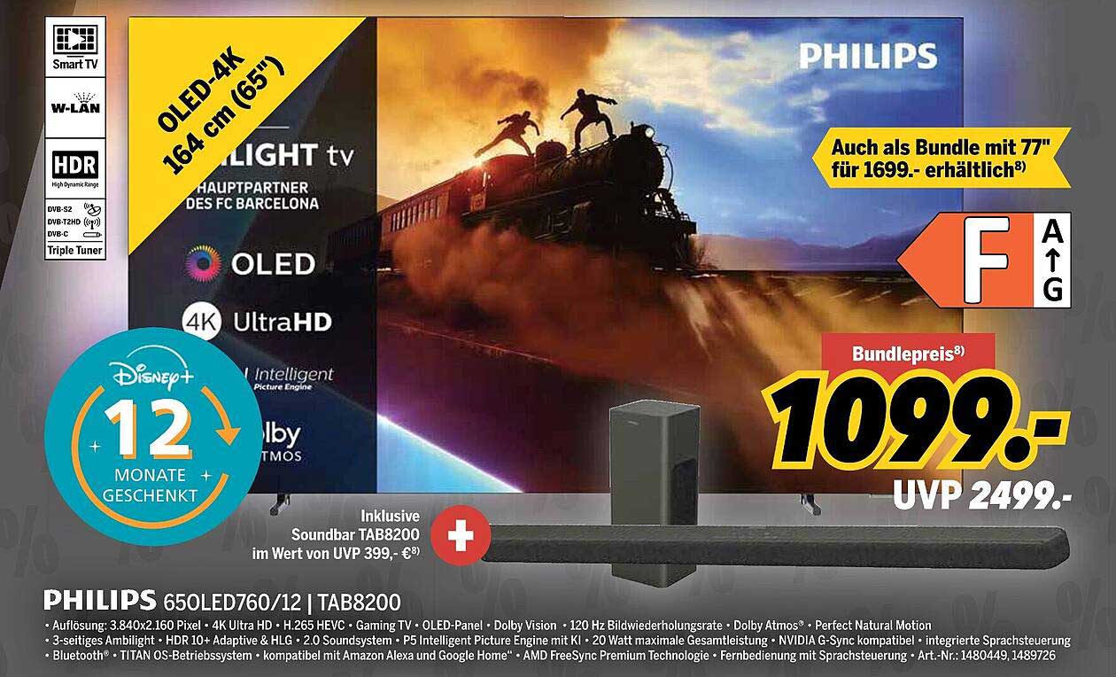 PHILIPS 650LED760/12 OLED-TV 164 cm (65") inkl. Soundbar TAB8200
