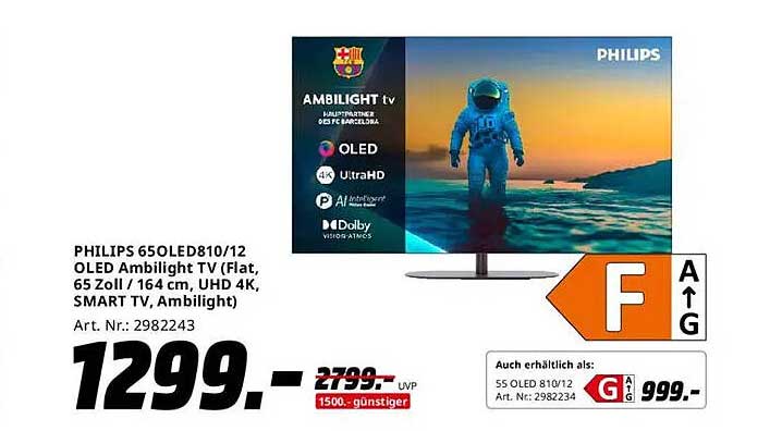 PHILIPS 650OLED810/12 OLED Ambilight TV (Flat, 65 Zoll / 164 cm, UHD 4K, SMART TV, Ambilight)