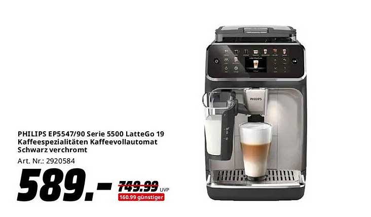 PHILIPS EP5547/90 Serie 5500 LatteGo 19 Kaffeevollautomat Schwarz verchromt
