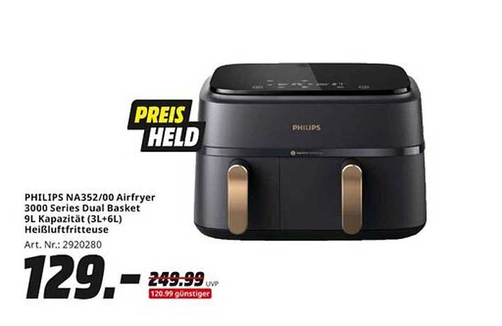 PHILIPS NA352/00 Airfryer 3000 Series Dual Basket 9L Kapazität (3L+6L) Heißluftfriteuse
