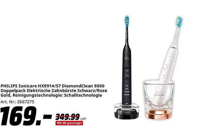 PHILIPS Sonicare HX9914/57 DiamondClean 9000 Doppelpack Elektrische Zahnbürste Schwarz/Rose Gold
