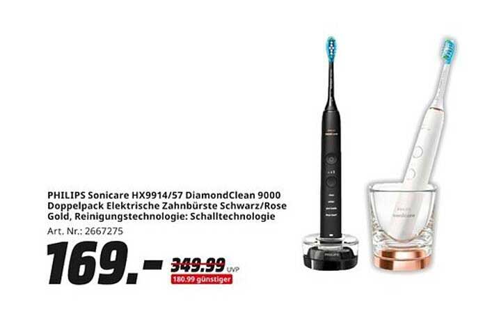 PHILIPS Sonicare HX9914/57 DiamondClean 9000 Doppelpack Elektrische Zahnbürste Schwarz/Rose Gold