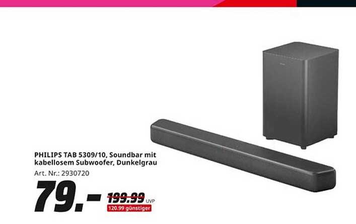 PHILIPS TAB 5309/10, Soundbar mit kabellosem Subwoofer, Dunkelgrau