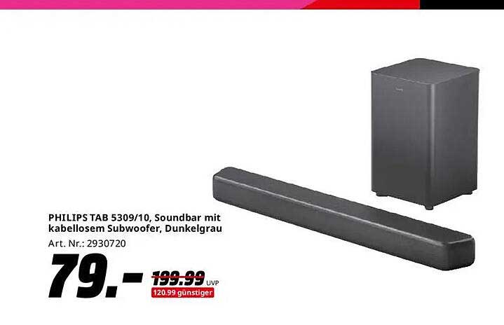 PHILIPS TAB 5309/10, Soundbar mit kabellosem Subwoofer, Dunkelgrau