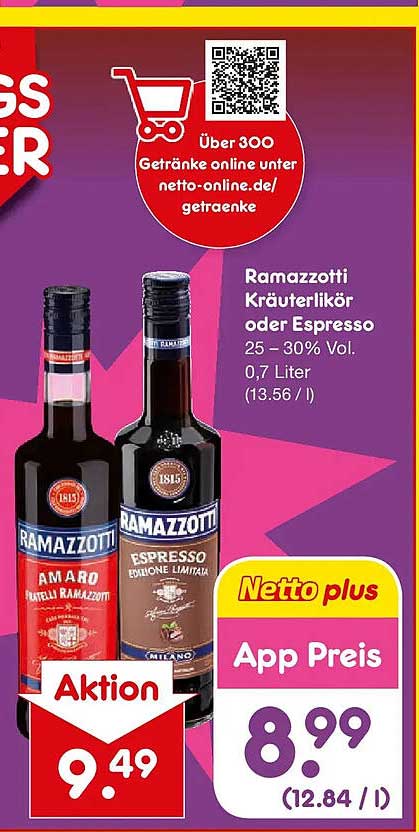 Ramazzotti Kräuterlikör oder Espresso - 0,7 Liter