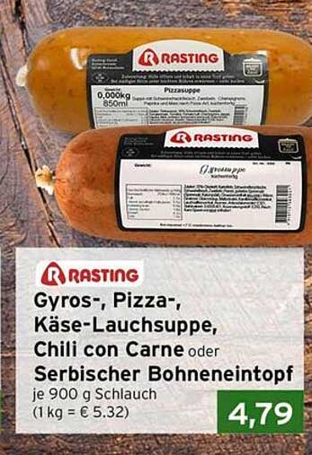 Rasting Gyros-, Pizza-, Käse-Lauch- und Chili con Carne-Suppe oder Serbischer Bohneneintopf