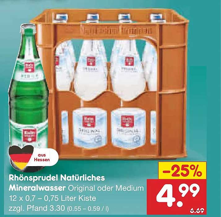 Rhönsprudel Natürliches Mineralwasser Original oder Medium 12 x 0,7 – 0,75 Liter Kiste
